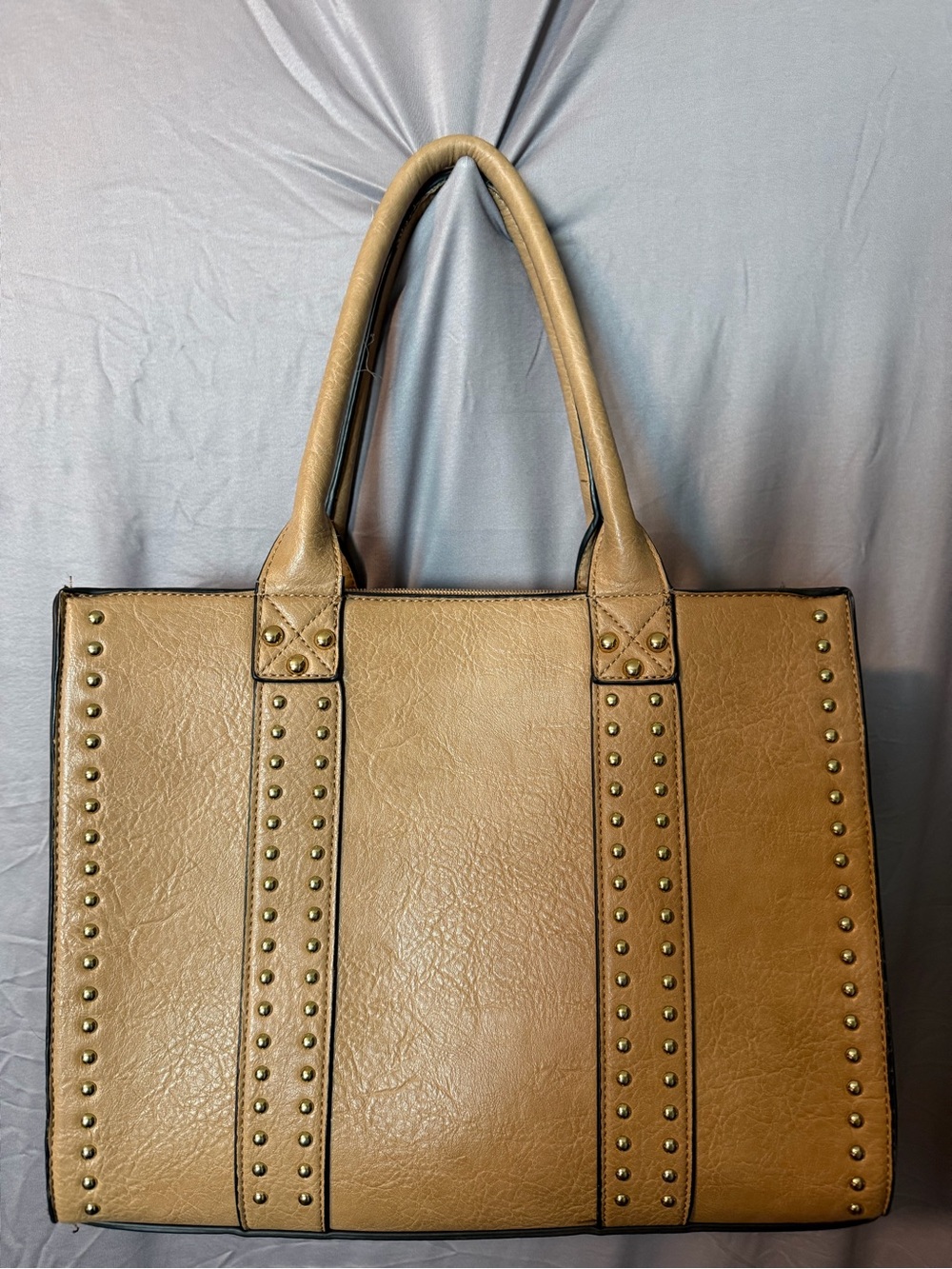 Tan Studded Tote Bag - Classic Structured Shoulder Bag